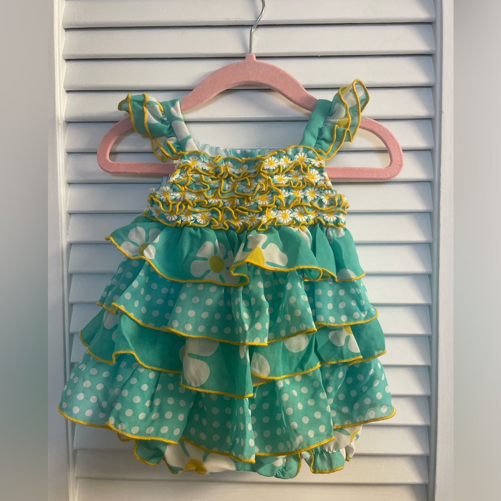 Rare Editions Teal/Yellow & White Daisy Romper Size 0-3 Months- Like New!